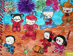关于春节的儿童画：欢欢喜喜闹新年