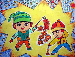 关于春节的儿童画：我和小伙伴放鞭炮