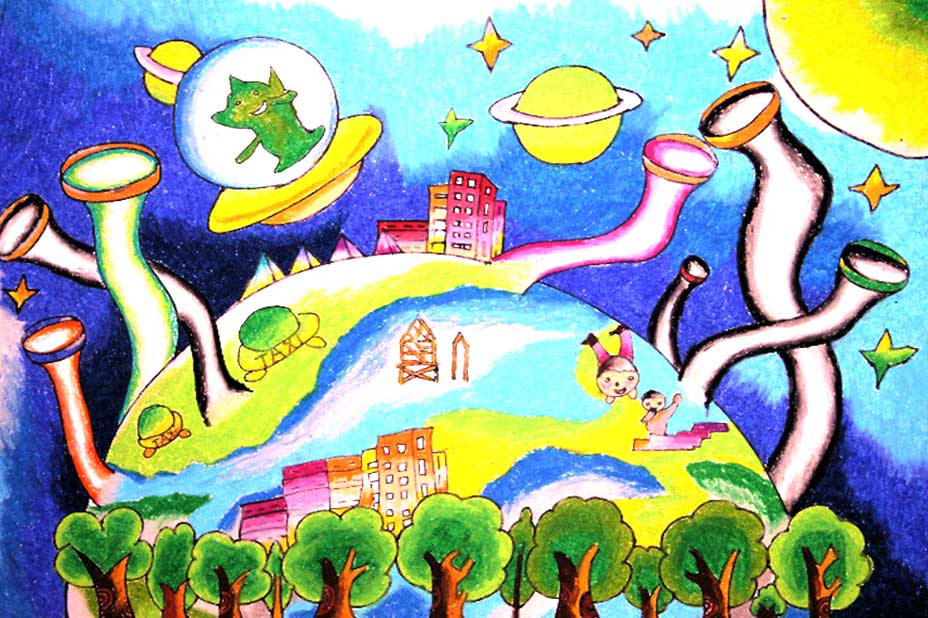 畅想未来题儿童画:绿色太空 - 儿童创意绘画大全_画