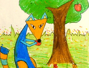 儿童蜡笔画：偷吃苹果的狐狸