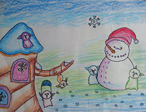 儿童蜡笔画：冬天的雪人