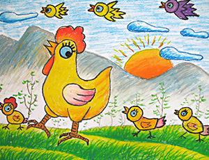 优秀儿童画作品：老母鸡保护小鸡（参赛作品）