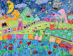 关于夏天的儿童画：夜晚的荷花池（图片）