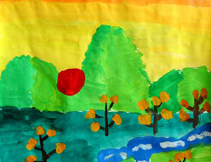 儿童画秋天的图画大全：秋天金色的早晨儿童水彩画