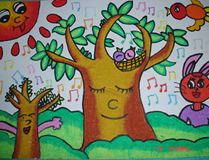 儿童蜡笔画：小鸟和大树