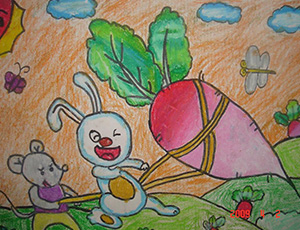 儿童蜡笔画：小白兔拔萝卜