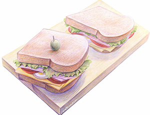 彩色铅笔画：可口的三明治