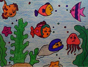儿童蜡笔画：大海里面的鱼