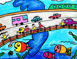 儿童画，油棒画，未来的桥