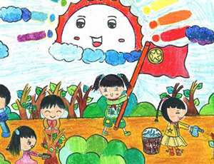绿色家园儿童画图片：植树减霾（小学生绘画）
