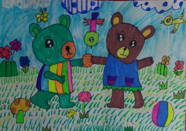 儿童画两只小熊踢皮球