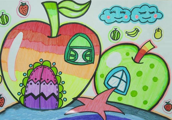 儿童画漂亮的苹果屋儿童水彩画图片大全