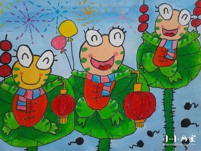 欢度新年的小青蛙蜡笔画作品图片- www.yiyiyaya.cn