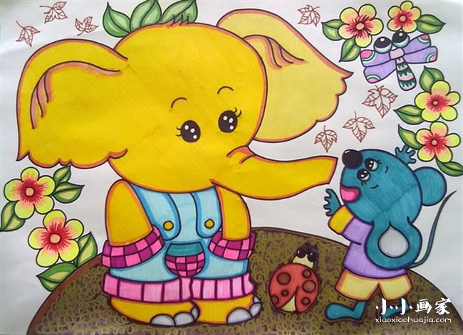 给大象讲故事的小老鼠蜡笔画作品图片- www.yiyiyaya.cn