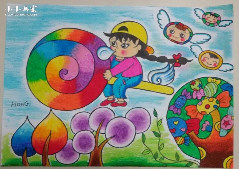 骑着棒棒糖飞行的小女孩蜡笔画作品图片- www.yiyiyaya.cn