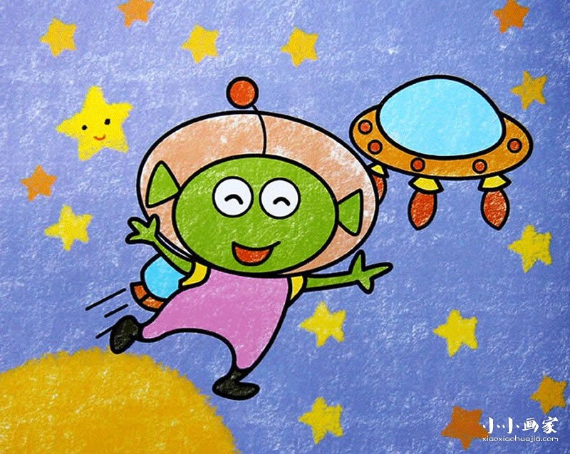 穿宇航服的外星人宝宝蜡笔画作品图片- www.yiyiyaya.cn