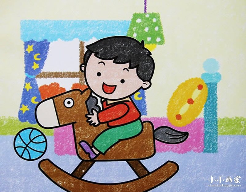 快乐骑木马的小男孩蜡笔画作品图片- www.yiyiyaya.cn