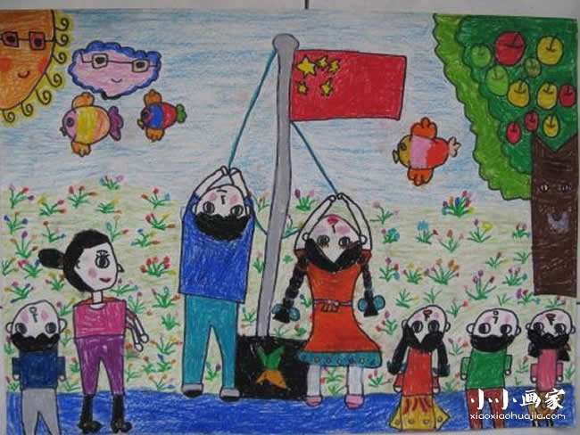 升国旗唱国歌的蜡笔画作品图片- www.yiyiyaya.cn