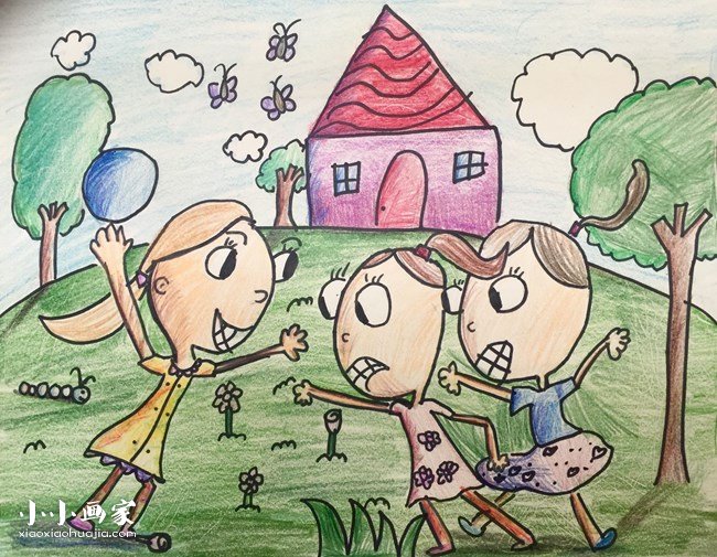 好久不见的三个小女孩蜡笔画作品图片- www.yiyiyaya.cn