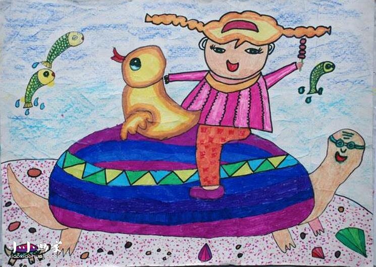 骑着乌龟玩耍的小女孩蜡笔画作品图片- www.yiyiyaya.cn