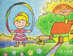 草地上跳绳的小女孩蜡笔画作品图片