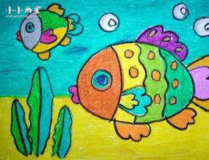 水里游的胖鱼蜡笔画作品图片