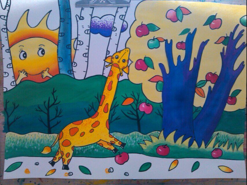 儿童画长颈鹿摘苹果