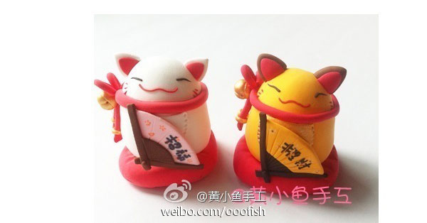 粘土捏出来的日式招财猫玩偶做法