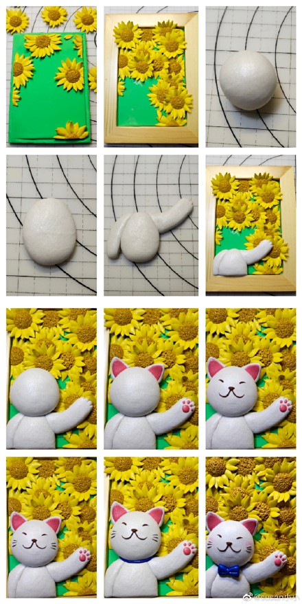 粘土向日葵猫咪画玩偶做法